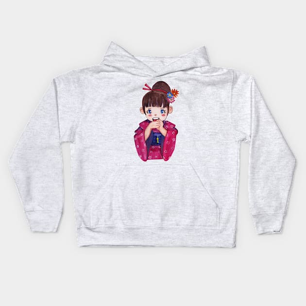 Watercolor - Japanese traditional girl Kids Hoodie by Karoのkyuuto